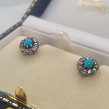 Antique Turquoise and Diamond Cluster Stud Earrings
