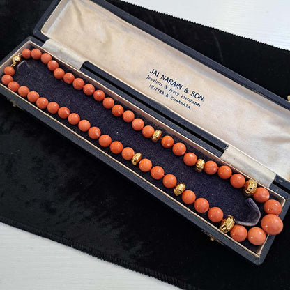 Antique Japanese Momo Coral and Gold Graduated Bead Necklace