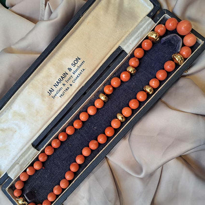 Antique Japanese Momo Coral and Gold Graduated Bead Necklace