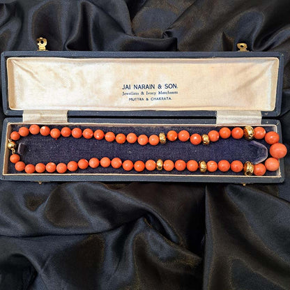 Antique Japanese Momo Coral and Gold Graduated Bead Necklace