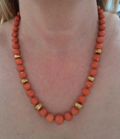 Antique Japanese Momo Coral and Gold Graduated Bead Necklace