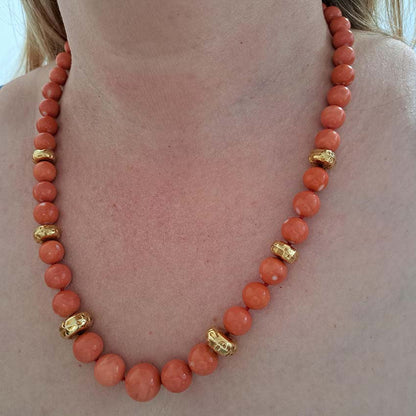 Antique Japanese Momo Coral and Gold Graduated Bead Necklace
