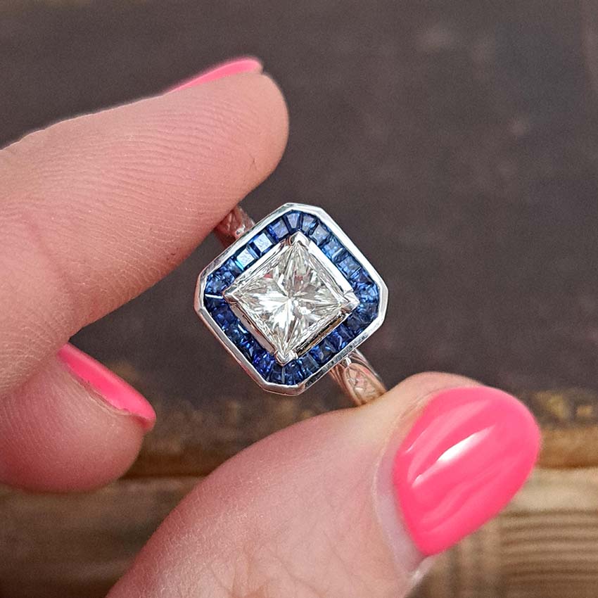 1.19ct Princess Cut Diamond and Sapphire Target Ring