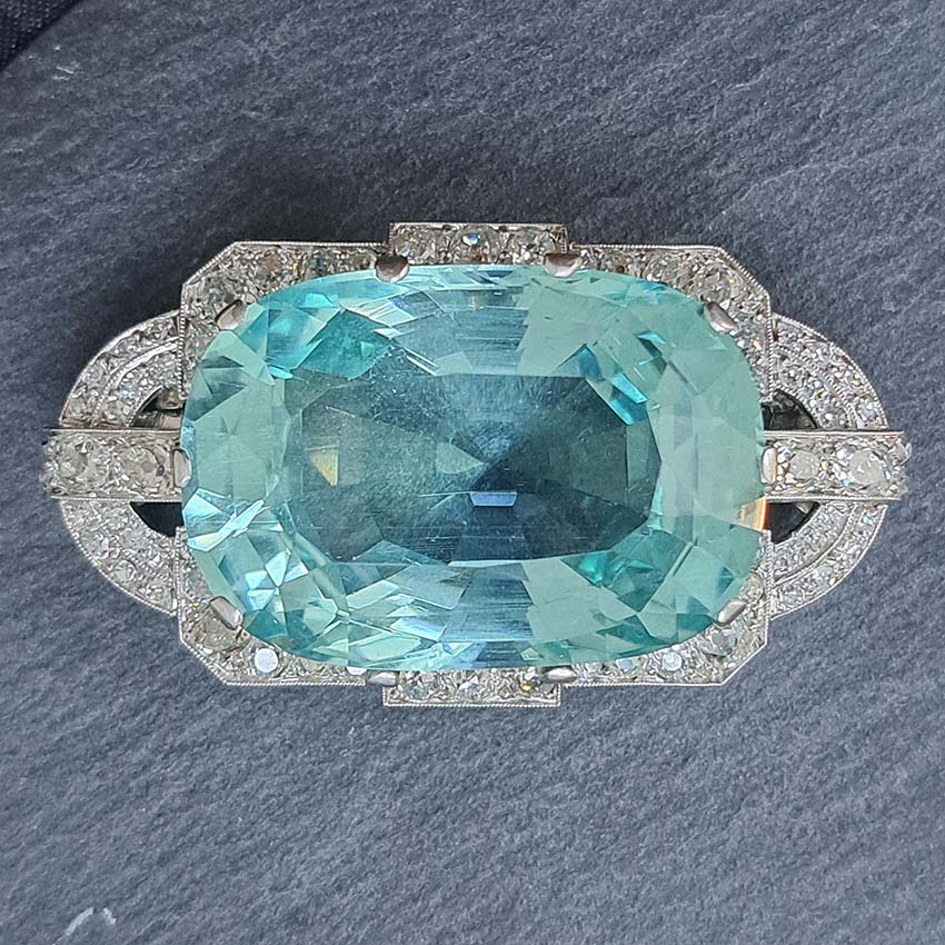 Large Art Deco Aquamarine and Diamond Cluster Brooch