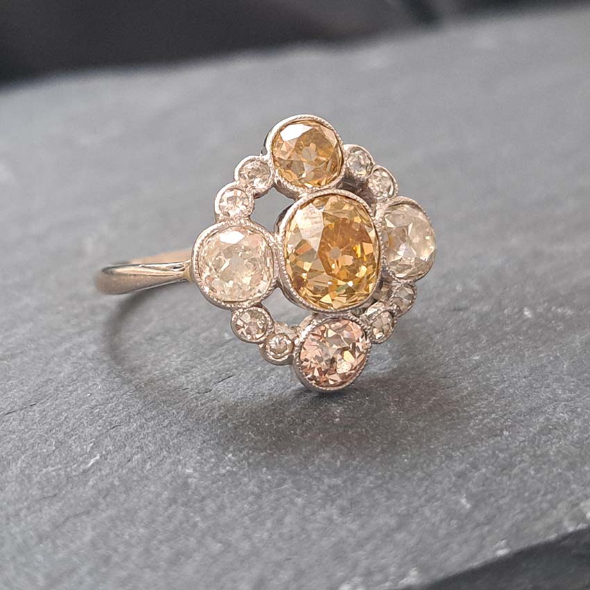 Antique 3.7cts Fancy Champagne Diamond Quatrefoil Ring
