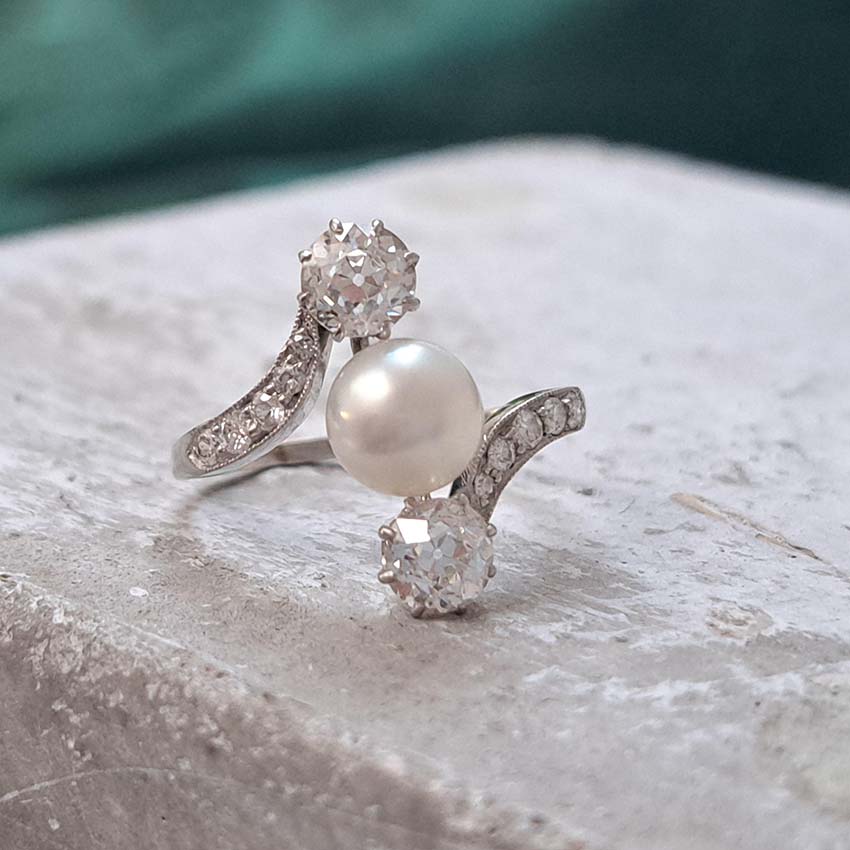 Antique Natural Pearl and Old Cut Diamond Three Stone Ring