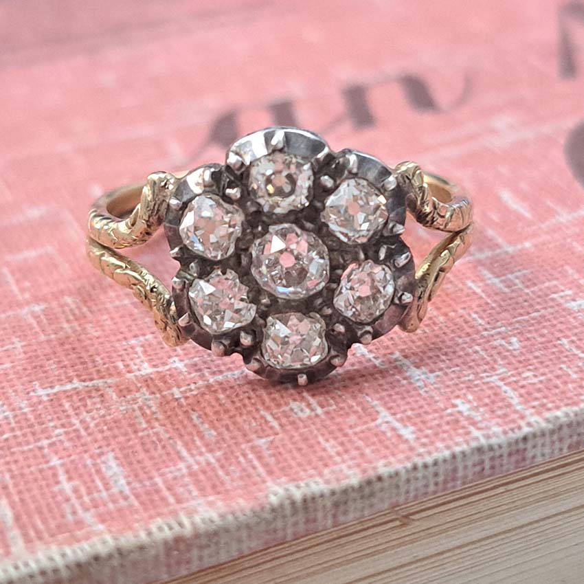 Antique Old Cut Diamond Flower Cluster Engagement Ring