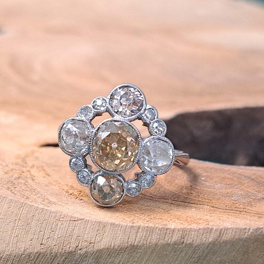Antique 3.7cts Fancy Champagne Diamond Quatrefoil Ring