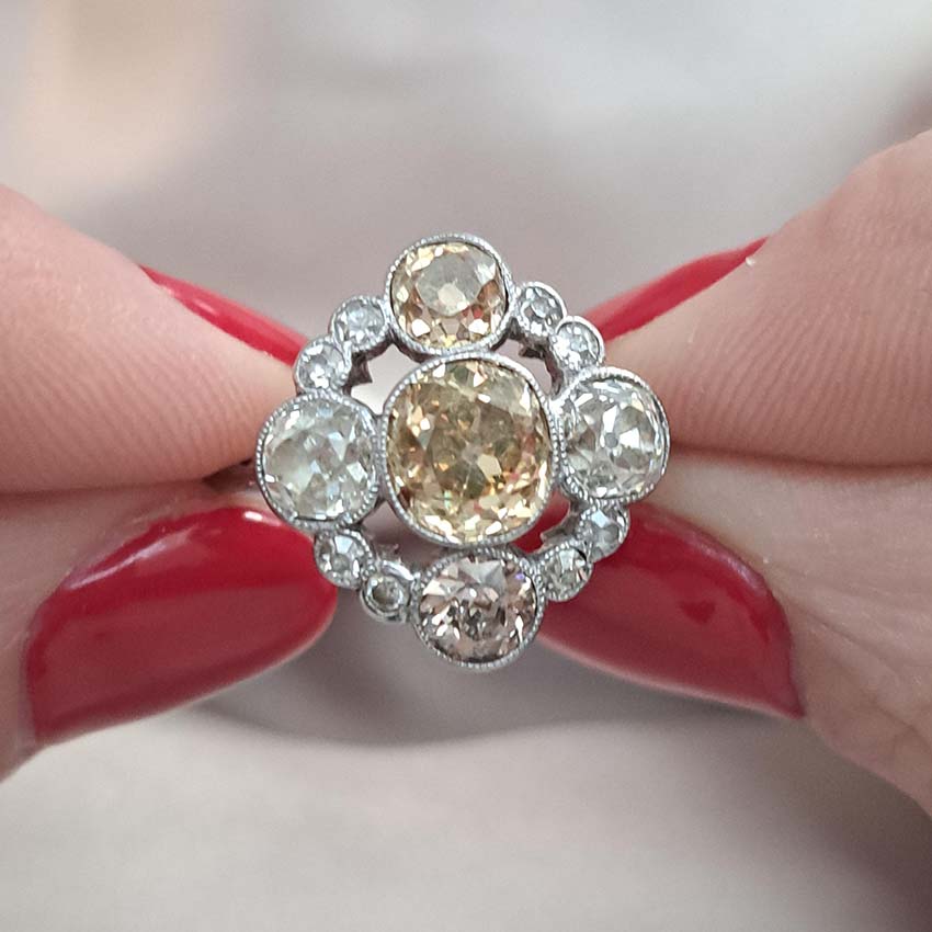 Antique 3.7cts Fancy Champagne Diamond Quatrefoil Ring