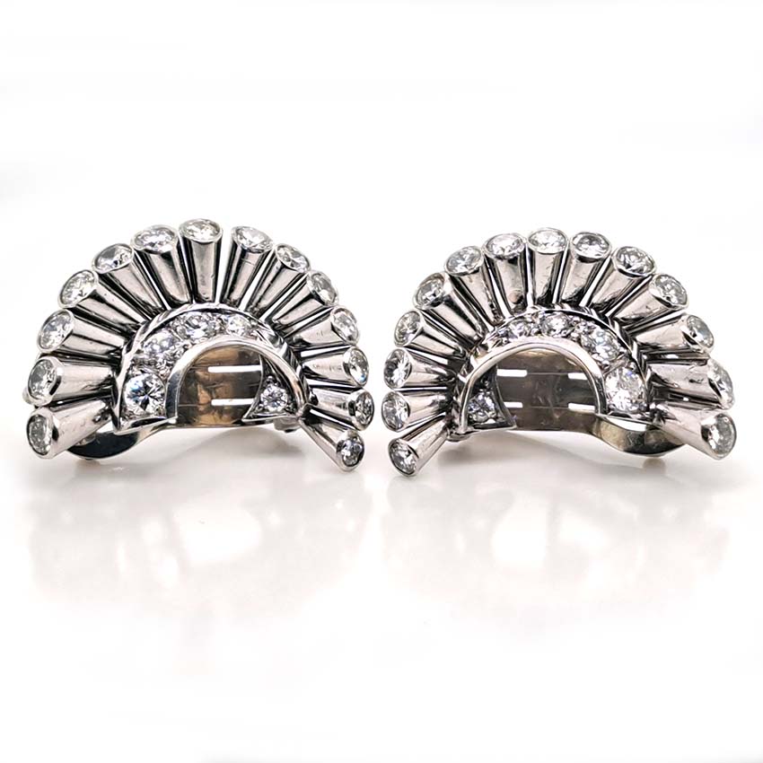 Vintage Van Cleef Arpels Diamond Spray Earrings, solid 18ct white gold spray design accented with 2cts diamonds set to the ends and inside curve. Signed and numbered NY 32918