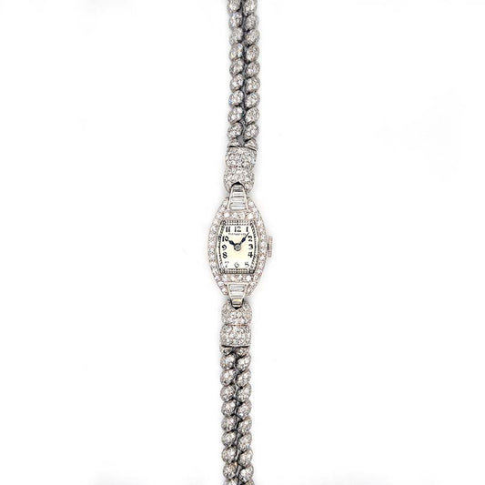 Art Deco Tiffany and Co Diamond Cocktail Watch, vintage Tiffany & Co ladies platinum watch set throughout with sparkling eight-cut and single-cut diamonds with rope twist design bracelet strap