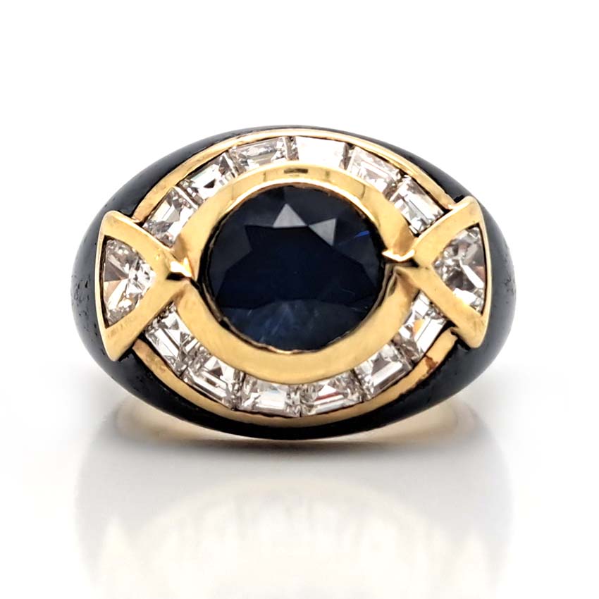 Vintage Faraone Sapphire Diamond and Black Enamel Ring