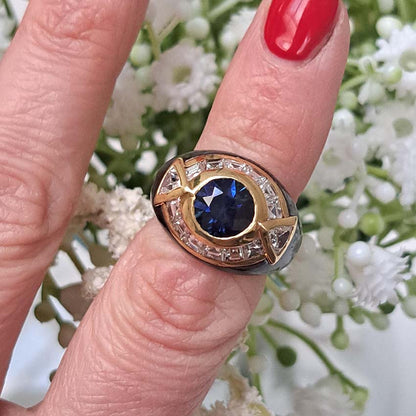 Vintage Faraone Sapphire Diamond and Black Enamel Ring