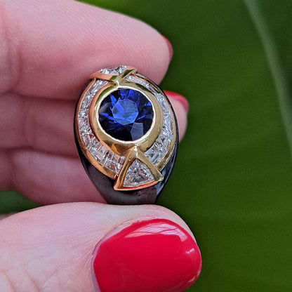 Vintage Faraone Sapphire Diamond and Black Enamel Ring