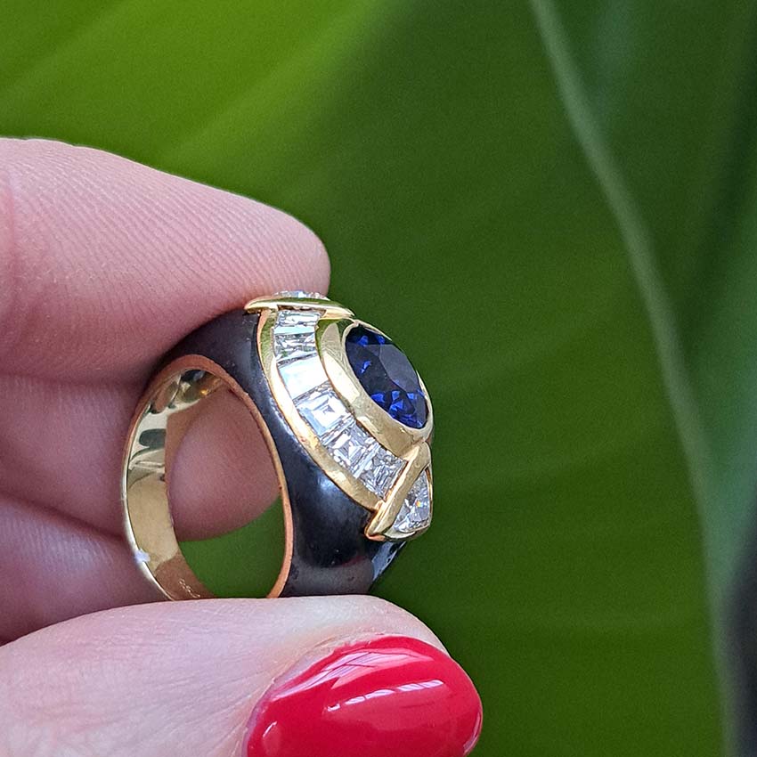 Vintage Faraone Sapphire Diamond and Black Enamel Ring