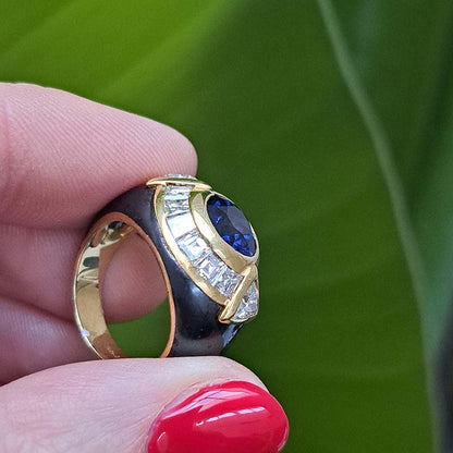 Vintage Faraone Sapphire Diamond and Black Enamel Ring