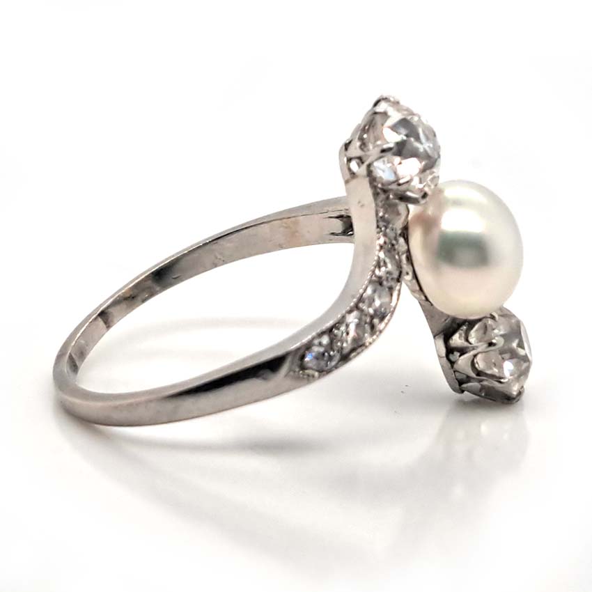 Antique Natural Pearl and Old Cut Diamond Three Stone Ring