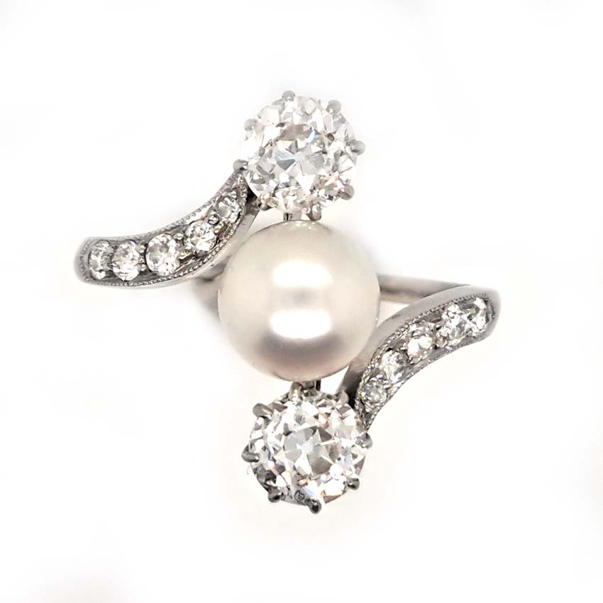 Antique Natural Pearl and Old Cut Diamond Three Stone Ring