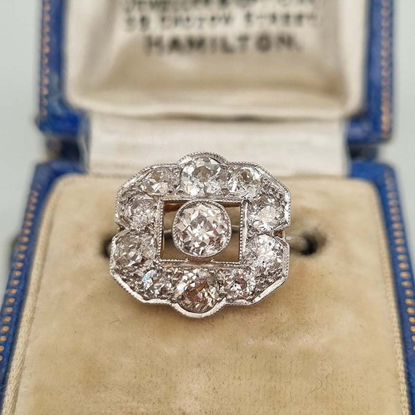 Art Deco 1.5ct Old Cut Diamond Cluster Panel Ring, set with an estimated 1.5 carats of old mine-cut diamonds in 18ct yellow gold to 18ct white gold band