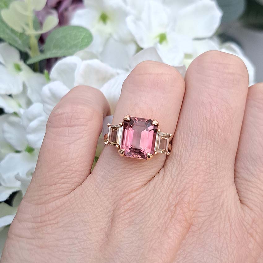 4.73ct Pink Tourmaline and Diamond Trilogy Engagement Ring in Rose Gold