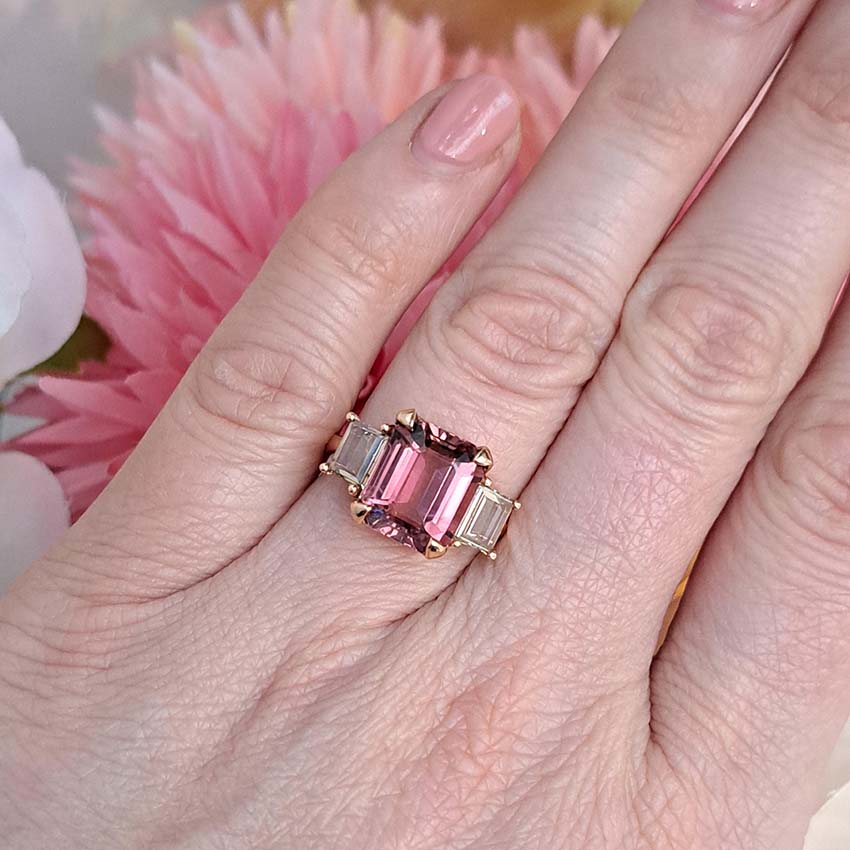4.73ct Pink Tourmaline and Diamond Trilogy Engagement Ring in Rose Gold