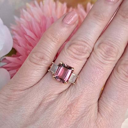 4.73ct Pink Tourmaline and Diamond Trilogy Engagement Ring in Rose Gold