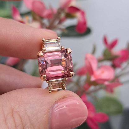 4.73ct Pink Tourmaline and Diamond Trilogy Engagement Ring in Rose Gold