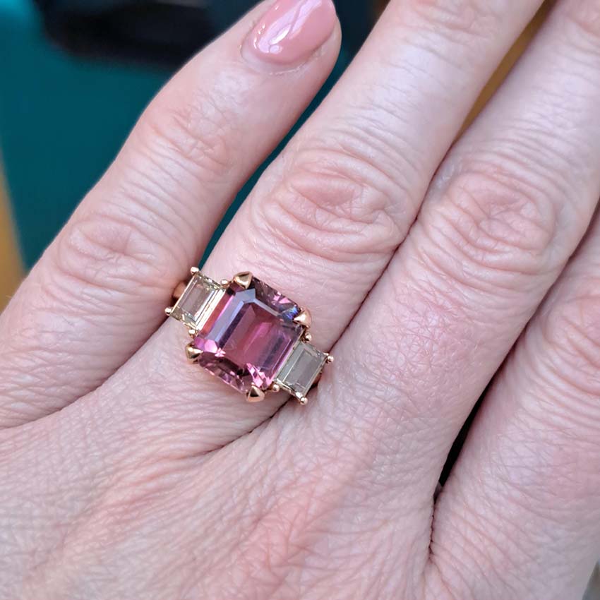 4.73ct Pink Tourmaline and Diamond Trilogy Engagement Ring in Rose Gold