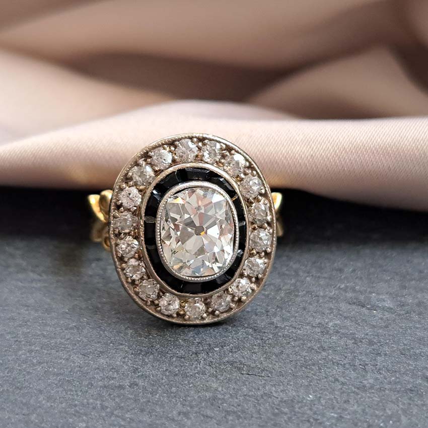 Old Cut Diamond and Onyx Cluster Engagement Ring