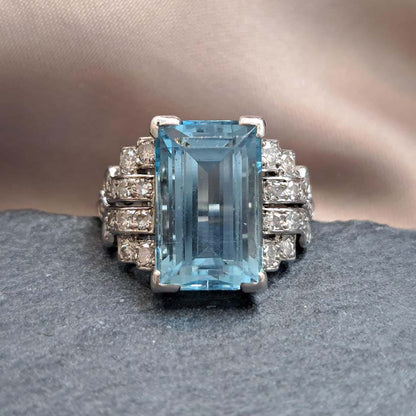 Art Deco 5.5ct Aquamarine and Diamond Dress Ring