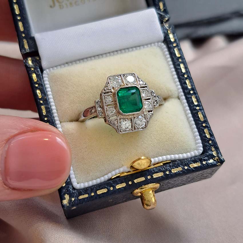 Art Deco Emerald and Diamond Cluster Dress Ring