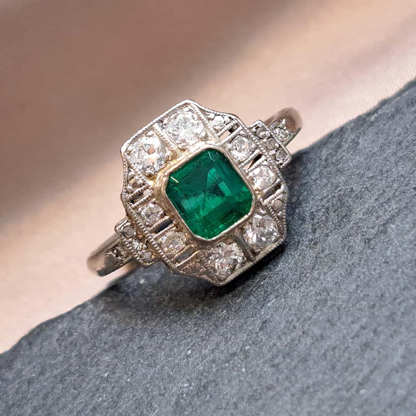 Art Deco Emerald and Diamond Cluster Dress Ring