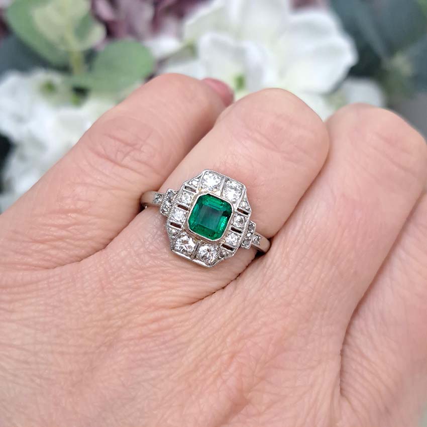 Art Deco Emerald and Diamond Cluster Dress Ring