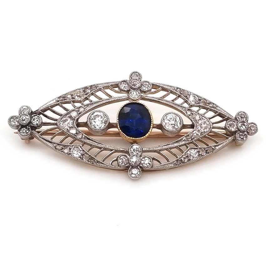 Edwardian Antique 1ct Sapphire and 1.10ct Old Cut Diamond Navette Brooch in 18ct Yellow Gold and Platinum, Circa 1900