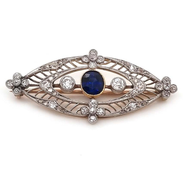 Edwardian Antique 1ct Sapphire and 1.10ct Old Cut Diamond Navette Brooch in 18ct Yellow Gold and Platinum, Circa 1900