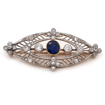 Edwardian Antique 1ct Sapphire and Diamond Navette Brooch