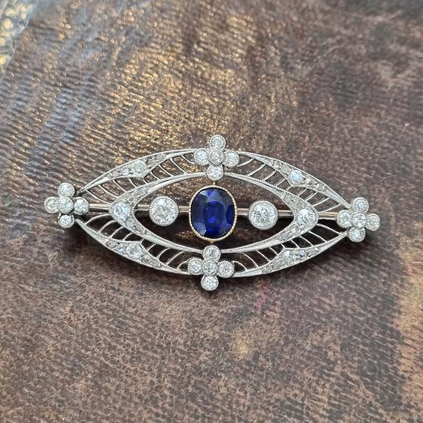 Edwardian Antique 1ct Sapphire and Diamond Navette Brooch