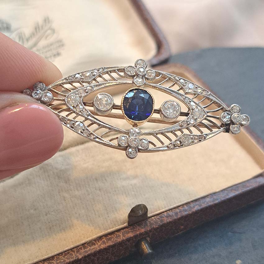 Edwardian Antique 1ct Sapphire and Diamond Navette Brooch