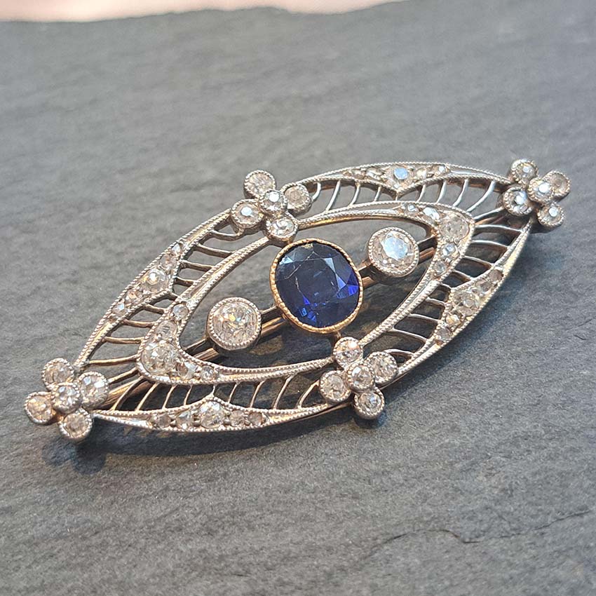 Edwardian Antique 1ct Sapphire and Diamond Navette Brooch
