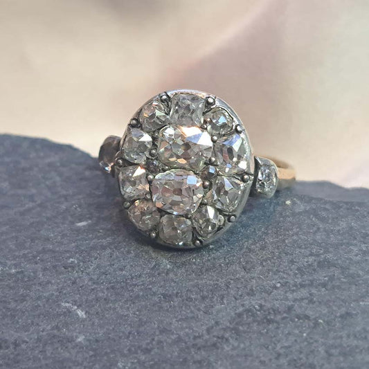 Georgian Antique 2ct Old Cut Diamond Cluster Ring, 18th Century