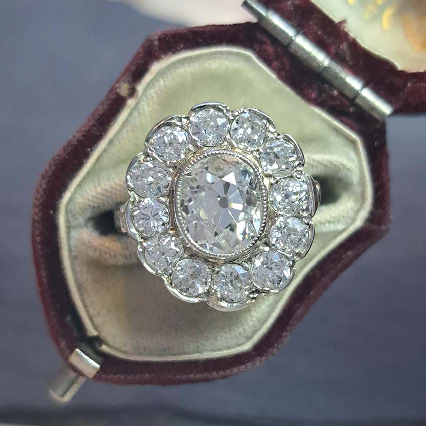 Antique Old Cushion Cut Diamond Cluster Ring, 3.63 carat total