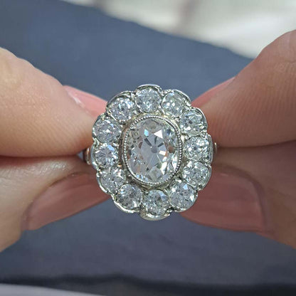 Antique Old Cushion Cut Diamond Cluster Ring, 3.63 carat total