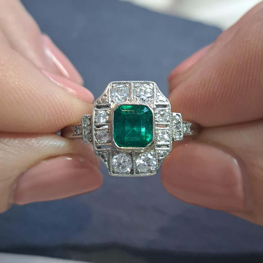 Art Deco Emerald and Diamond Cluster Dress Ring