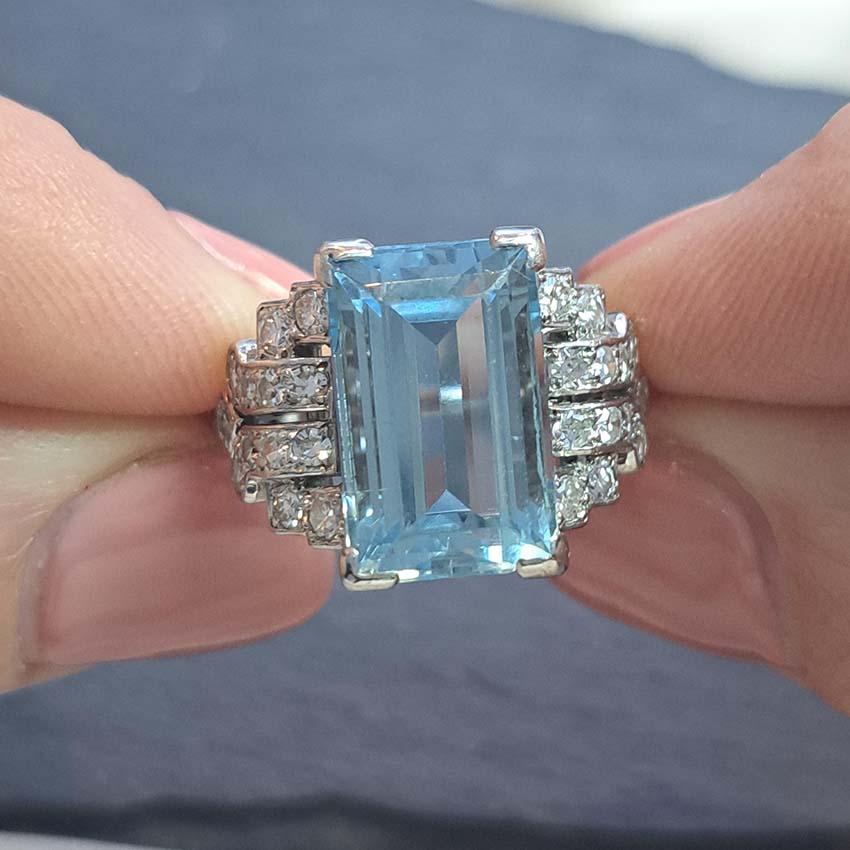 Art Deco 5.5ct Aquamarine and Diamond Dress Ring