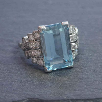 Art Deco 5.5ct Aquamarine and Diamond Dress Ring