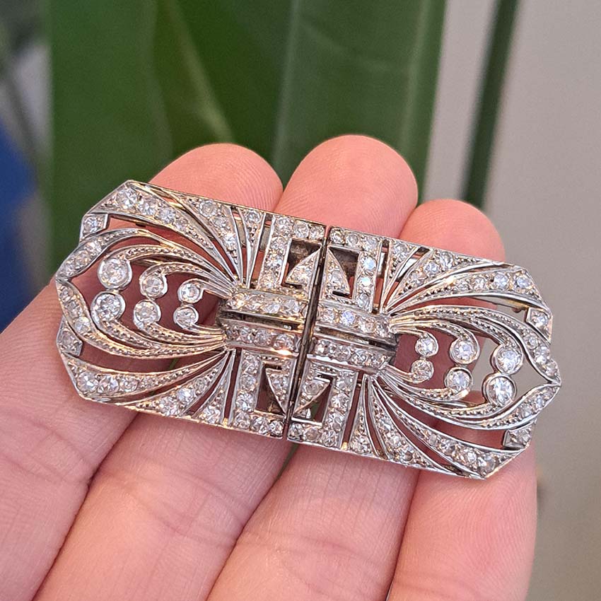 Late Art Deco Platinum and Diamond Double Clip