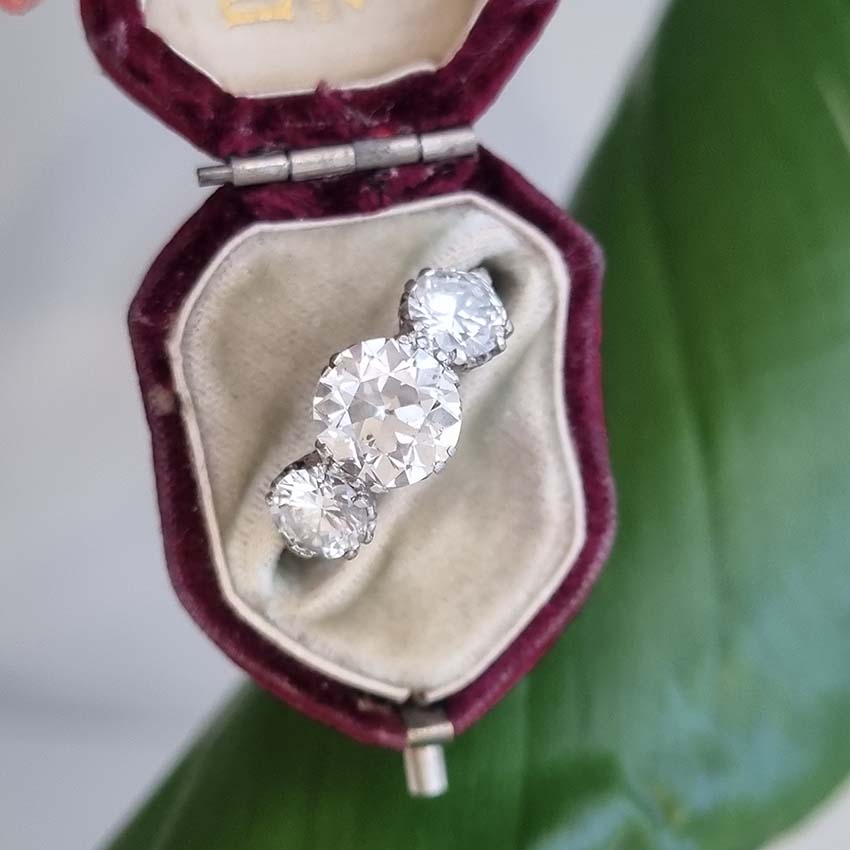 Antique Diamond Three Stone Engagement Ring in Platinum, 3.21 carat total