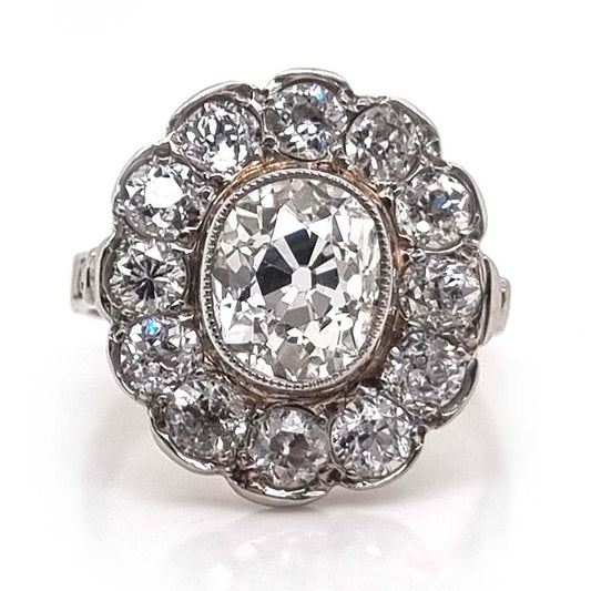 Antique Old Cushion Cut Diamond Cluster Ring, 3.63 carat total