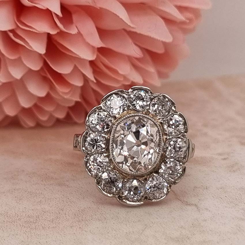 Antique Old Cushion Cut Diamond Cluster Ring, 3.63 carat total