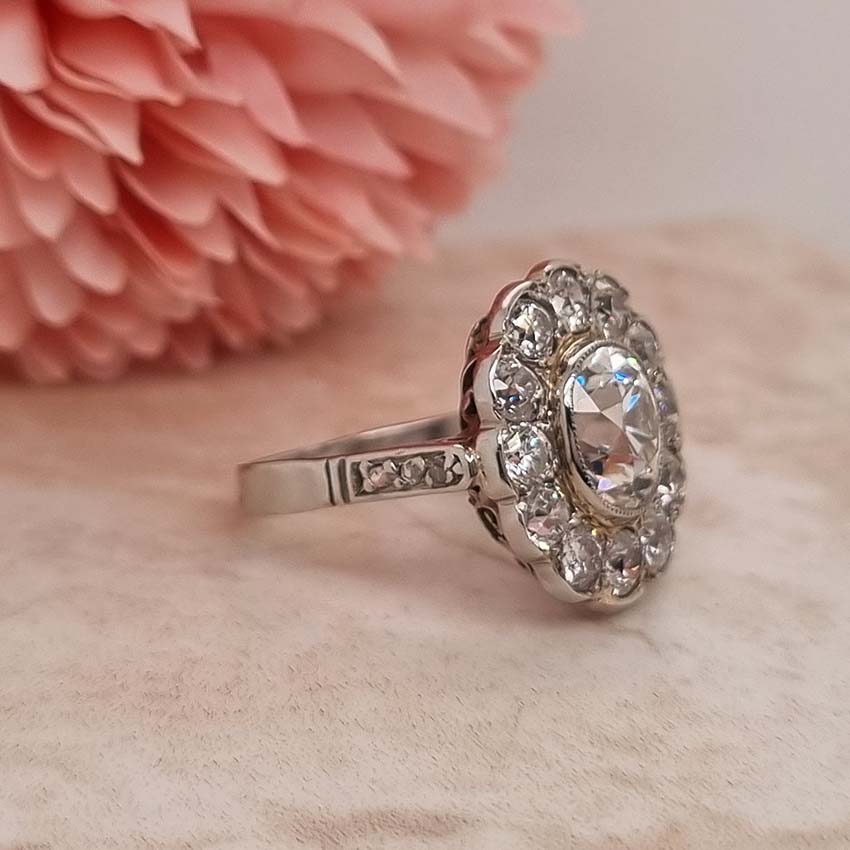 Antique Old Cushion Cut Diamond Cluster Ring, 3.63 carat total